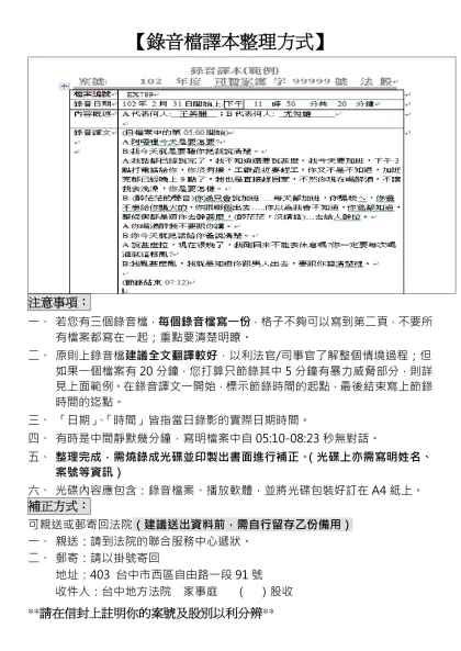 【錄音檔譯本整理方式】-注意事項：若您有三個錄音檔，每個錄音檔寫一份，格子不夠可以寫到第二頁