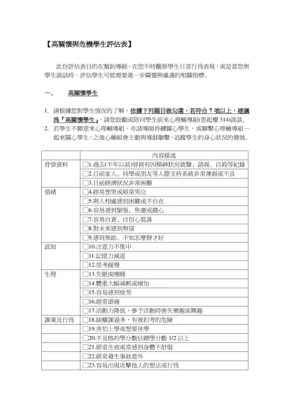 【高關懷與危機學生評估表】- 此份評估表目的在幫助導師，在您平時觀察學生日常行為表現，或是當您與學生談話時，評估學生可能需要進一步關懷與處遇的相關指標。