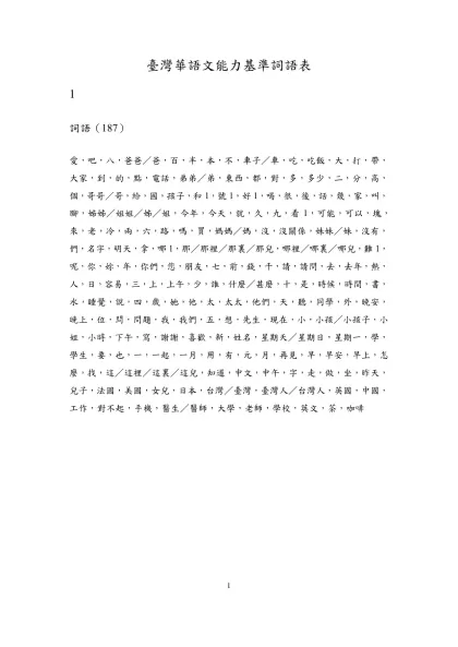 臺灣華語文能力基準詞語表-1詞語（187）愛，吧，八，爸爸／爸，百，半，本，不，車子／車，吃，吃飯，大，打，帶，大家，到，的，點，電話，弟弟／弟，東西，都，對，多，多少，二，分，高，個，哥哥／哥，給，