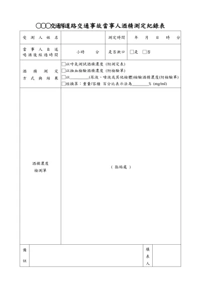 酒 精 觀 察 測 試 紀 錄 表-○○○交通隊道路交通事故當事人酒精測定紀錄表