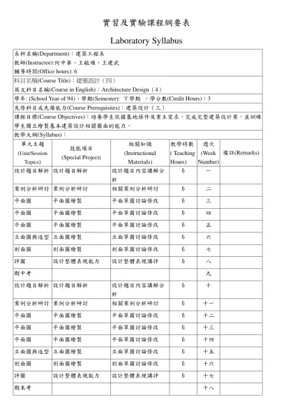 實習及實驗課程綱要表-Laboratory Syllabus系科名稱(Department)：建築工程系教師(Instructor):何中華、王敏順、王建武