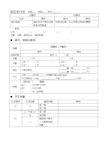 國文科暑期複習計畫表-請貼於課本P.46 班級 座號 姓名