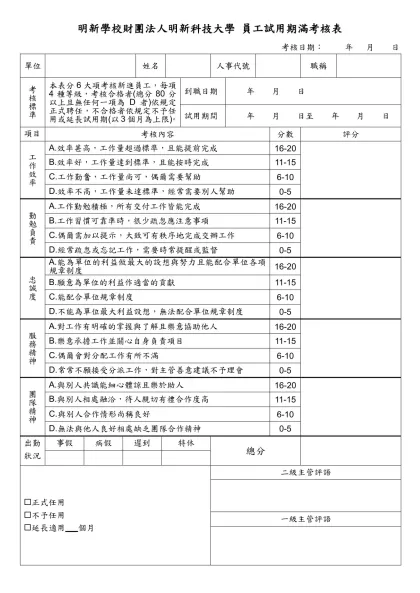 明新學校財團法人明新科技大學 員工試用期滿考核表