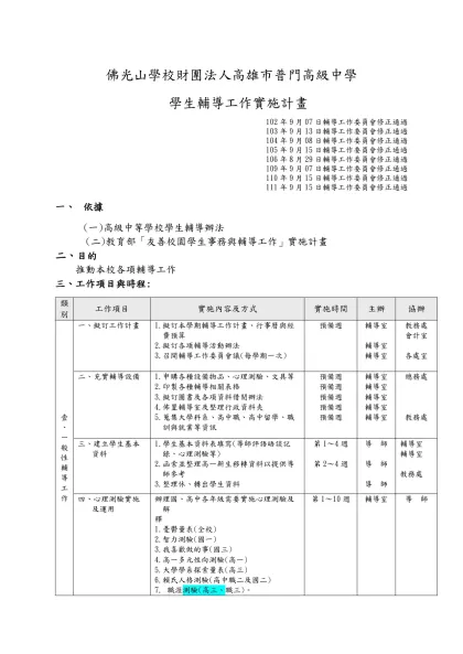 高雄縣私立普門高級中學94學年度學生輔導工作實施計畫-佛光山學校財團法人高雄市普門高級中學
