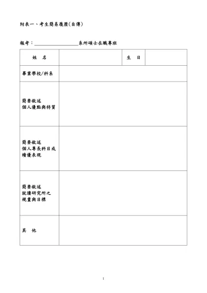 清 雲 技 術 學 院-附表一、考生簡易履歷(自傳)