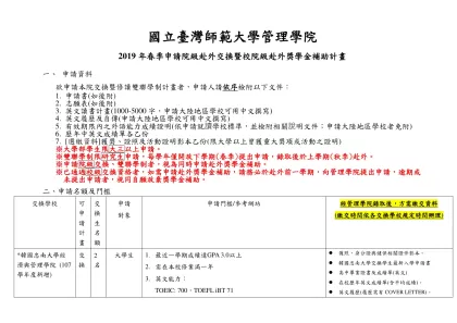 國立臺灣師範大學管理學院-2019年春季申請院級赴外交換暨校院級赴外獎學金補助計畫