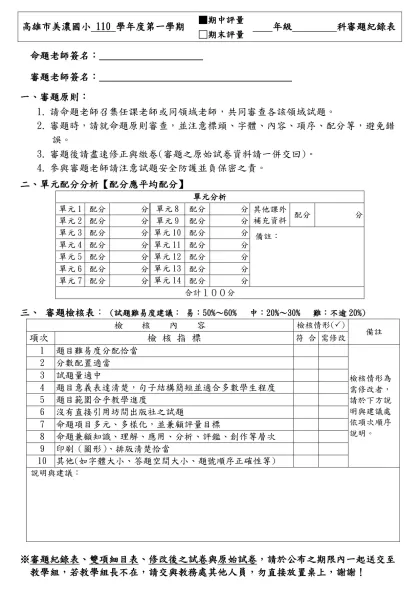 屏東縣瑞光國小 學年度第 學期期 評量審題紀錄表-高雄市美濃國小 110 學年度第一學期