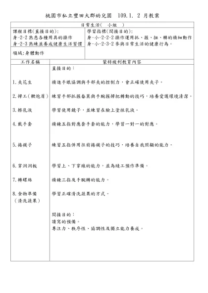 桃園市私立豐田大郡幼兒園 3、4 月教案 設計者:-桃園市私立豐田大郡幼兒園 109.1. 2 月教案
