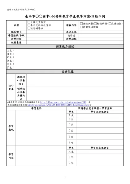 空白教案格式-臺南市○○國中(小)特殊教育學生教學方案/活動示例