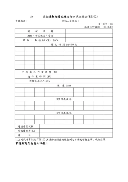 牌 型 動力中耕管理機(TS23)自行測試記錄表-牌 型土壤動力鑽孔機自行測試記錄表(TS102)