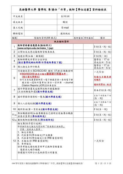 高雄醫學大學 醫學院 專/兼任「升等」教師【學位送審】資料檢核表