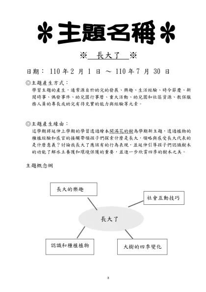 大單元名稱-※ 長大了 ※-※ 長大了 ※日期： 110年2 月 1 日 ～ 110年7 月 30 日