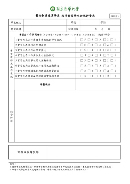 六、實習教育作業流程及任務編組表-藝術創意產業學系 校外實習學生訪視評量表