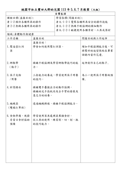 桃園市私立豐田大郡幼兒園113年5.6.7月教案 (大組)