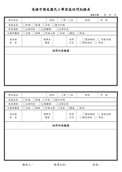 家庭訪問紀錄表 填寫日期： 年 月 日-高雄市旗尾國民小學家庭訪問紀錄表
