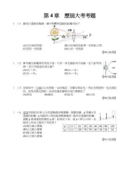 第4章 歷屆大考考題-（D）1. 圖為凸透鏡成像圖，圖中物體與透鏡的距離為何？