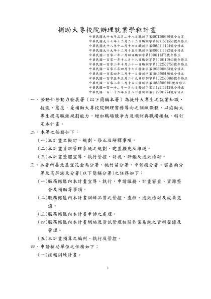 青年就業旗艦計畫部分規定修正草案對照表-補助大專校院辦理就業學程計畫