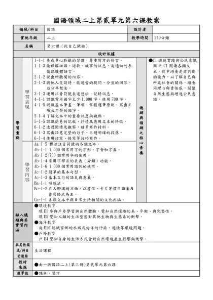 國語領域二上第貳單元第六課教案-領域/科目國語設計者實施年級