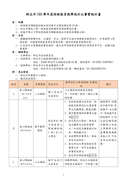 台北縣九十二學年度特殊教育宣導月特殊教育教材教具觀摩展實施計畫-新北市103學年度特殊教育教學設計比賽實施計畫