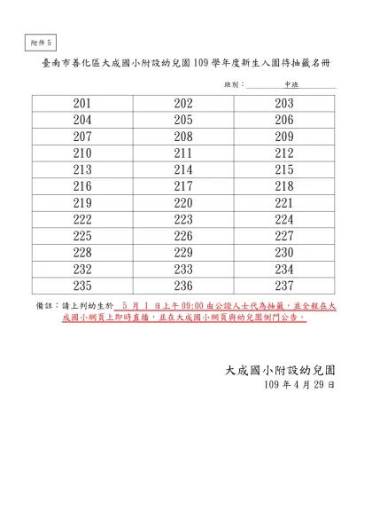 臺南市○○幼兒園102學年度新生入園優先就讀名冊【範例】-臺南市善化區大成國小附設幼兒園109學年度新生入園待抽籤名冊