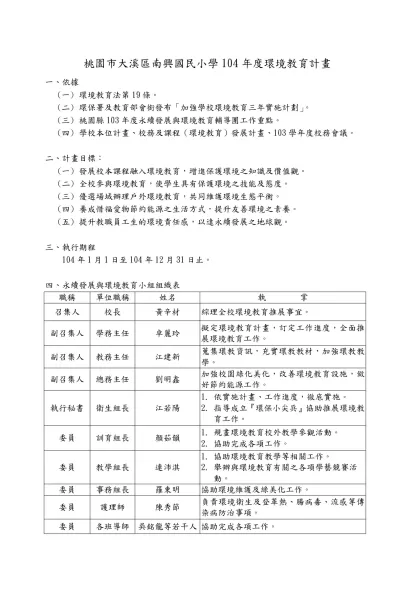 桃園縣大溪鎮南興國小環境教育計畫-桃園市大溪區南興國民小學104年度環境教育計畫