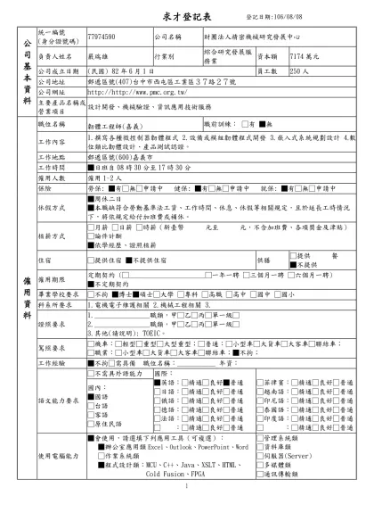 列求職登記表-求才登記表登記日期:106/08/08公 司 基 本 資 料