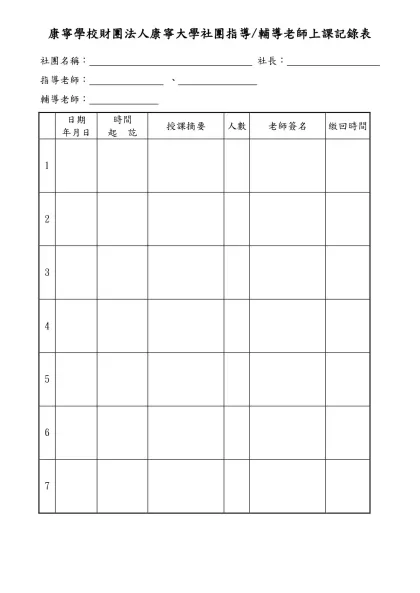 私立康寧護理專學校社團教師簡歷表-康寧學校財團法人康寧大學社團指導/輔導老師上課記錄表