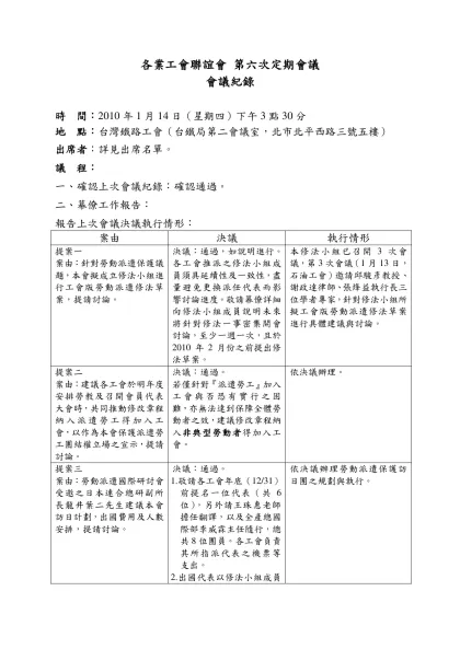 各業工會聯誼會 第五次定期會議-會議紀錄時 間：2010年1月14日（星期四）下午3點30分
