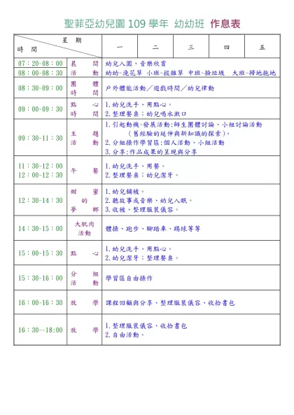 國立東華大學附設實驗幼稚園-聖菲亞幼兒園109學年 幼幼班 作息表