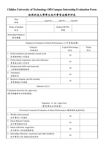 致理技術學院校外實習學生成績考評表-Chihlee University of Technology Off-Campus Internship Evaluation Form