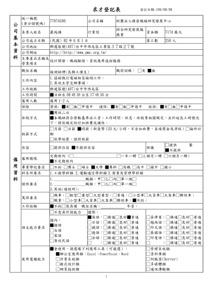 列求職登記表-求才登記表登記日期:106/08/08公 司 基 本 資 料