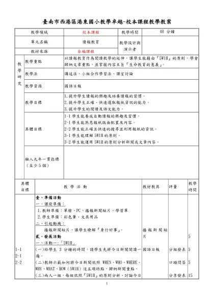 空白教案格式-臺南市西港區港東國小教學卓越-校本課程教學教案