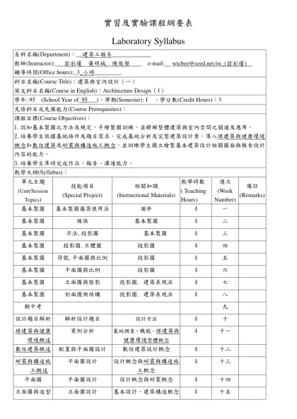 實習及實驗課程綱要表-Laboratory Syllabus系科名稱(Department)：__建築工程系_____________教師(Instructor):___翁彩瓊 黃明城.. 陳俊傑__