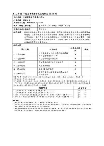 表 A10-34 一般及專業理論課程綱要表 (2-2-S-6)