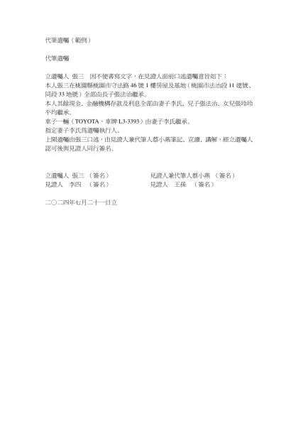 代筆遺囑（範例）-代筆遺囑立遺囑人 張三 因不便書寫文字，在見證人面前口述遺囑意旨如下：