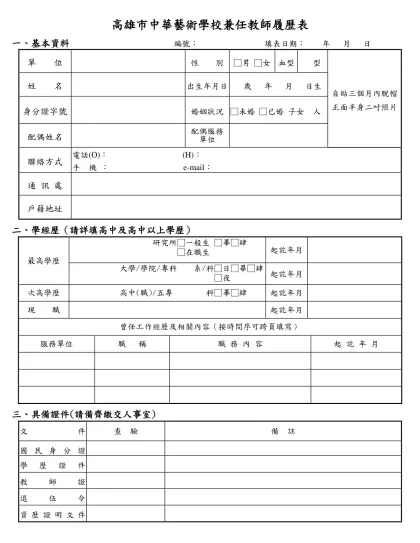 高雄市中華藝術學校兼任教師履歷表