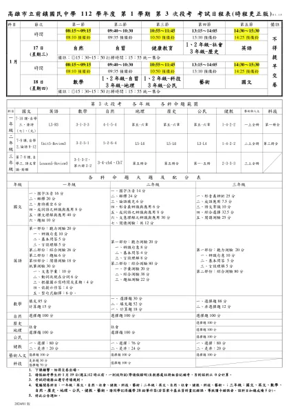 段考範圍及題型-高雄市立前鎮國民中學 112學年度 第1學期 第3次段考 考試日程表(時程更正版)01.15