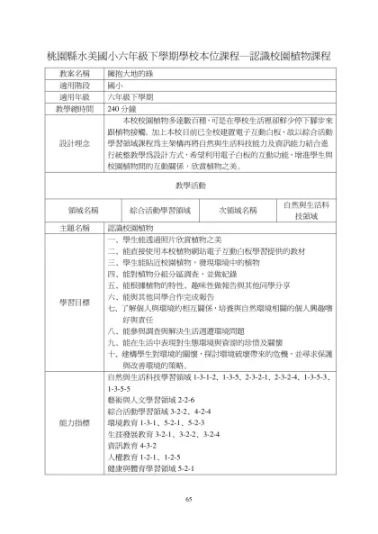 桃園縣水美國小六年級下學期學校本位課程─認識校園植物課程