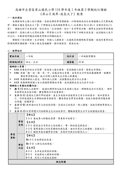 高雄市左營區屏山國民小學110學年度1年級第2學期校訂課程