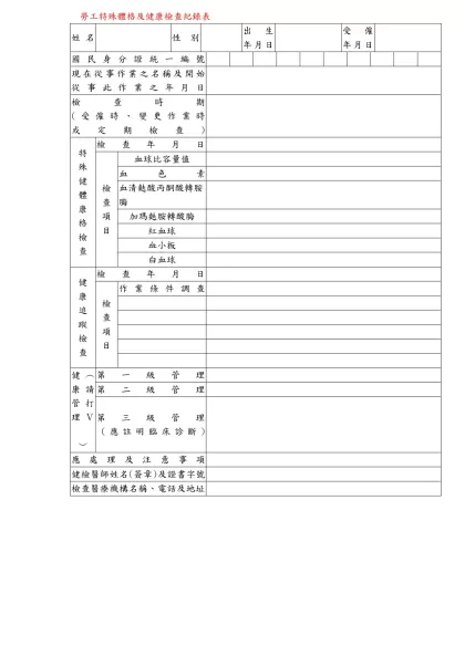 勞工一般體格及健康檢查紀錄表-姓名  性 別  出 生年月日  受 僱年月日
