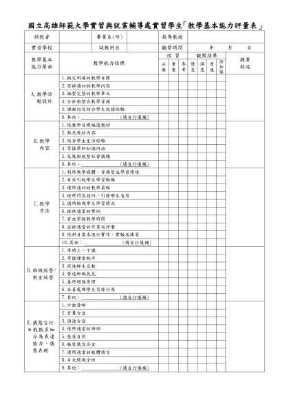 國立高雄師範大學實習與就業輔導處實習學生「教學基本能力評量表」