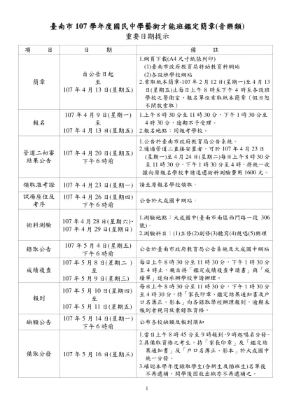 97年度國中小藝術才能資賦優異學生入班鑑定書面審查會議紀錄-臺南市107學年度國民中學藝術才能班鑑定簡章(音樂類)