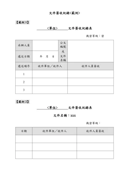 文件簽收紀錄-【範例1】 <單位> 文件簽收紀錄表