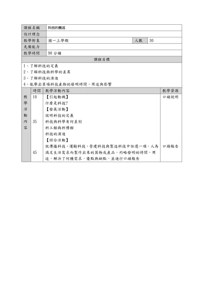 教案範本-課程名稱-科技的概述設計理念教學對象