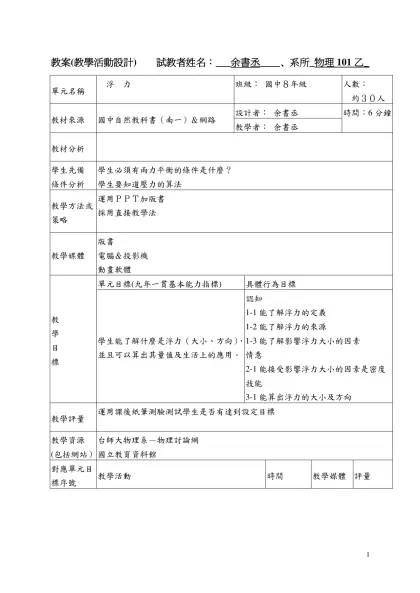 教案(教學活動設計) 試教者姓名：__________、系所_____________