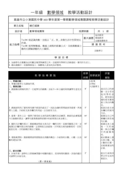 一年級 數學領域 教學活動設計-高雄市立小港國民中學103學年度第一學期數學領域專題課程教學活動設計