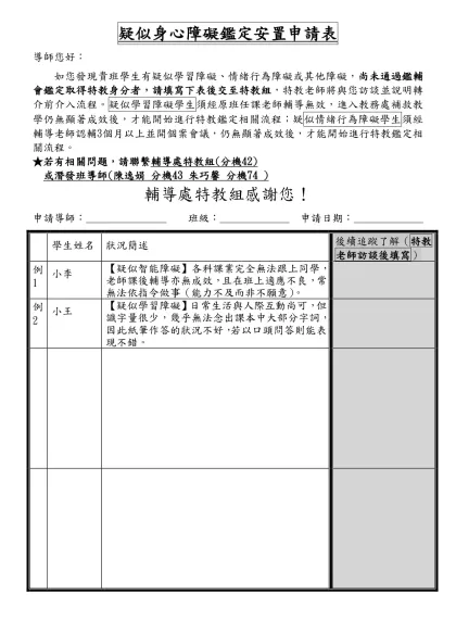 如家長或導師發現孩子有疑似智障類、視障類、聽障類、語障類、肢障類、身體病弱、學障類、情障類、自閉症類、多障類、發展遲緩的情形，其尚未通過鑑輔會的鑑定，請與特教組聯繫，特教組會先給"家長同意書"並說明詳