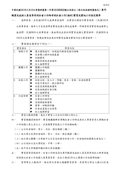 中華民國101年11月13日考選部選專一字第1013302622號公告修正（修正附表證明書格式）專門職業及技術人員高等考試社會工作師考試社會工作(福利)實習或實地工作認定標準