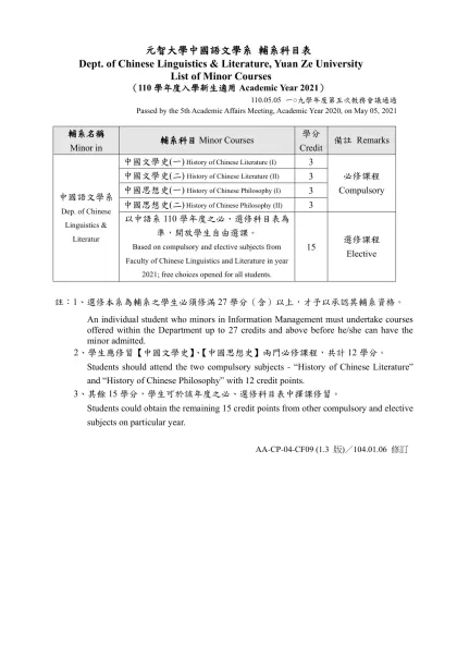 元智大學中國語文學系 必修科目表