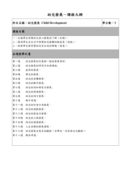 幼兒發展－課程大綱-科目名稱：幼兒發展 Child Development學分數：3